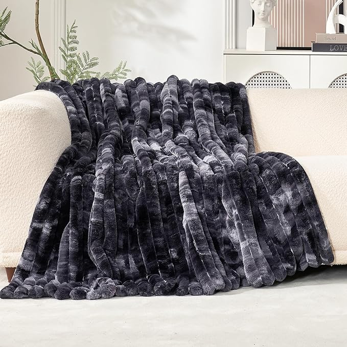 Cozy Bliss Faux Fur Throw Blanket for Couch, Cozy Warm Plush Striped Blanket for Sofa Bedroom Living Room, 108 * 90 Inches Tie-dye Black