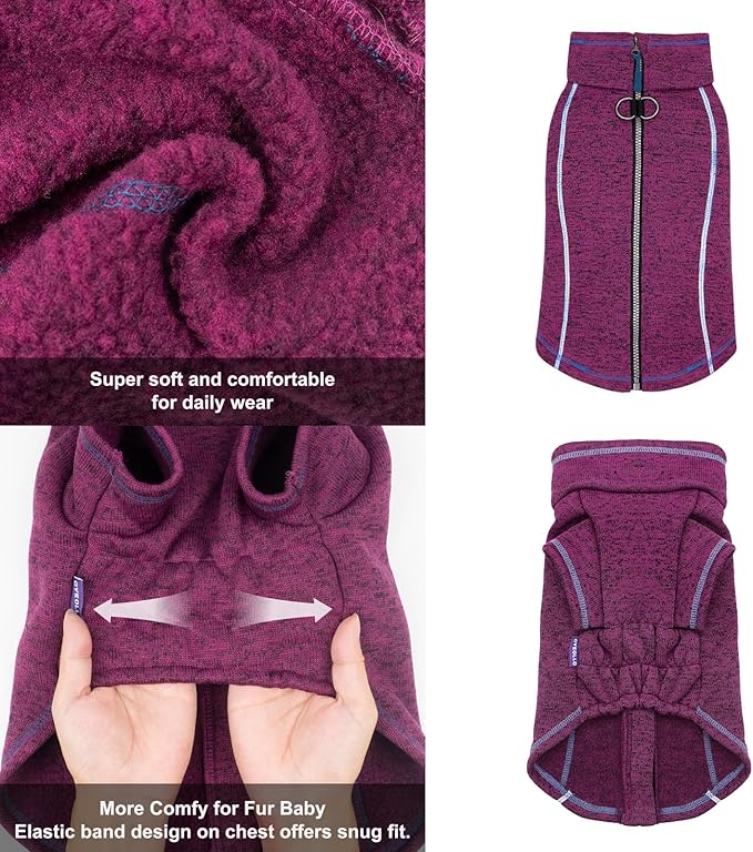 cyeollo Warm Dog Sweater with Zipper, Doggy Reflective Highneck Jackets with D Ring Step in Dog Winter Coats Fleece Female Stretchy Dogs Sweaters Pet Clothes for Medium to Large Dogs, Purple 2XL