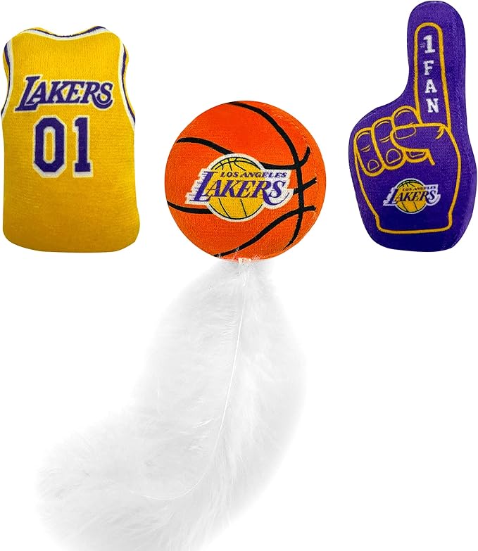 Pets First NBA LA Lakers Complete Set of 3 Piece Cat Toys Filled with Fresh Catnip. Includes: Jersey, Basketball with Feathers & #1 Fan. Beautiful Team Logos