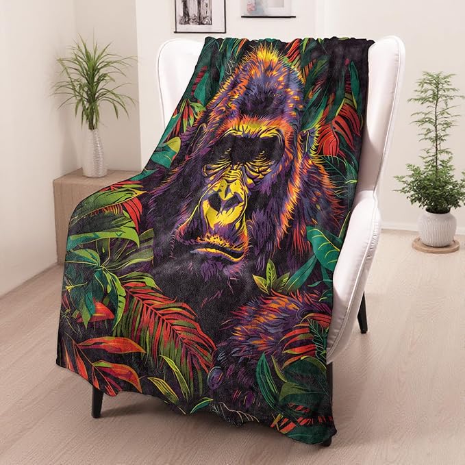 Gorilla Gifts, Wild Animal Blanket for Adults Women Kids, 50x60 in, Cozy Fuzzy Warm Soft Throw Blankets for Bedroom, Camping, Couch, Decor