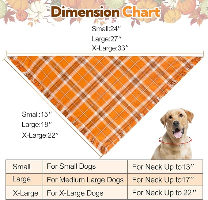 Kytely Thanksgiving Fall Dog Bandana 2 Pack, Autumn Dog Bandanas X-Large, Orange Plaid Pet Scarf for Boy and Girl, Holiday Halloween Reversible Triangle Bibs Accessories for Dogs Pets