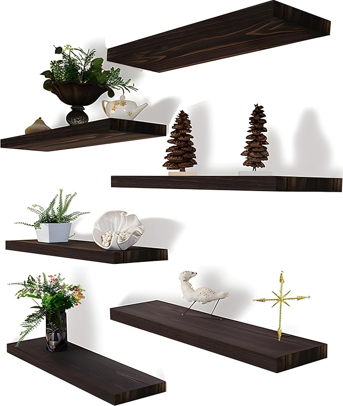 Brown Wood Floating Shelves for Wall Rustic Wall Shelf for Bedroom Living Room Set of 6