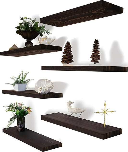 Brown Wood Floating Shelves for Wall Rustic Wall Shelf for Bedroom Living Room Set of 6