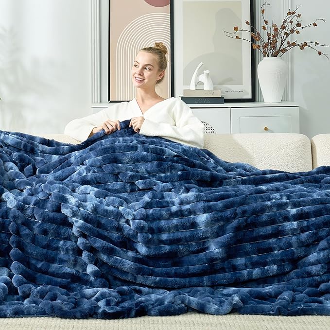 Cozy Bliss Faux Fur Throw Blanket for Couch, Cozy Warm Plush Striped Blanket for Sofa Bedroom Living Room, 90 * 90 Inches Tie-dye Blue