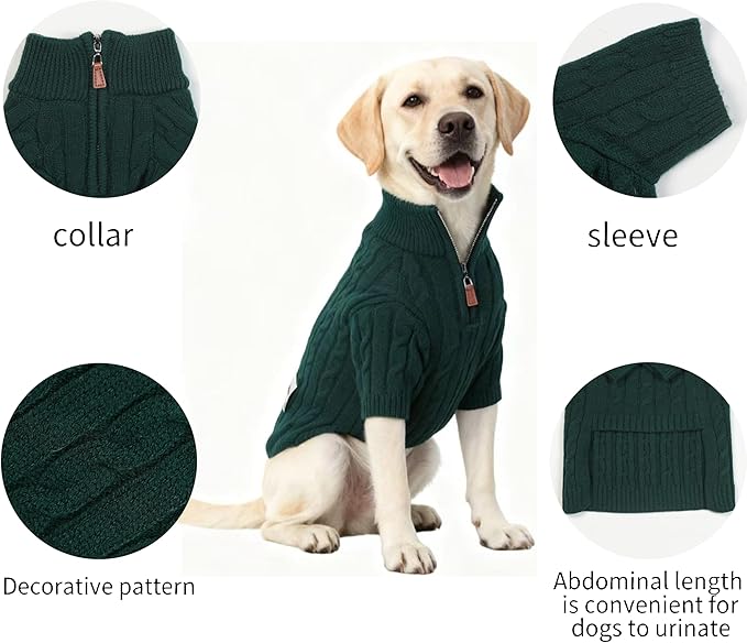 Medium/Large Dog Sweater, Warm Dog Winter Coat w/Sleeves, Comfortable High Neck Premium Dog Clothes for Labrador-Best for Holidays, Daily Walks XL Green