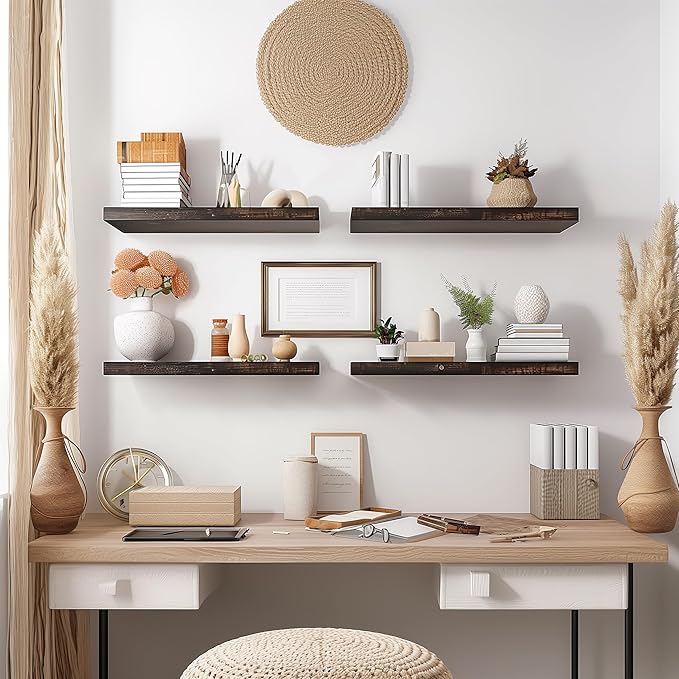 Brown Wood Floating Shelves for Wall Rustic Wall Shelf for Bedroom Living Room Set of 6