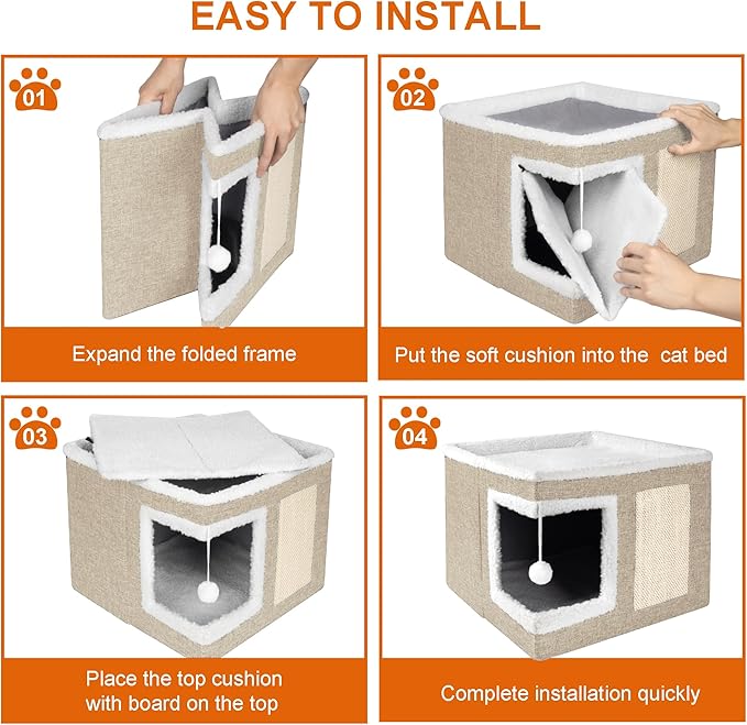 Cat Houses for Indoor Cats - Large Cat Bed Cave with Scratch Pad and Fluffy Ball, Foldable Cat Condo Hideaway with Reversible Cushion for Multi Small Pet, Khaki