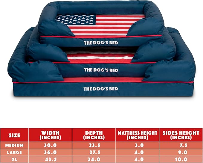 The Dog’s Bed, Medium Blue Oxford with Red Trim USA Flag Dog Bed with Central Flag, Memory Foam, Pain Relief, Post Surgery, Waterproof Washable Cover