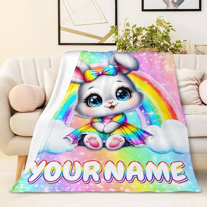 Blanket for Girls Personalized Bunny Throw for Kids Teens Rabbit Lovers, 60x80 Inches Lightweight Soft Cute Rainbow Print Throw Blankets for Sofa Couch Living Room Bed