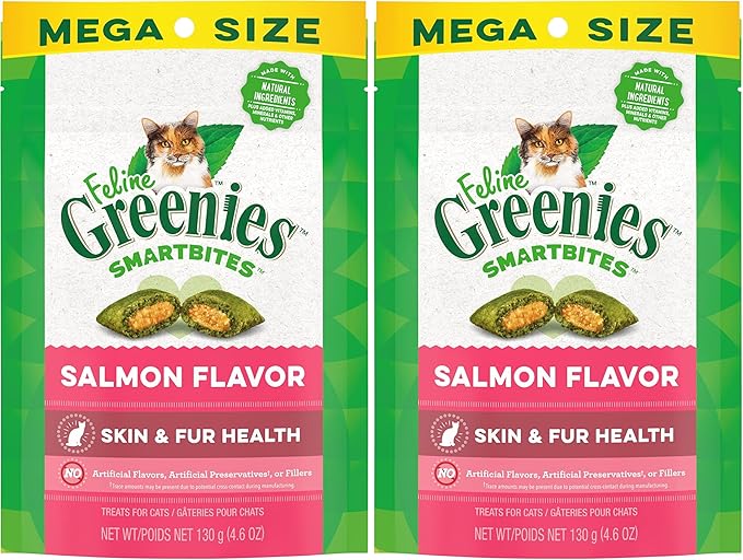 Greenies Feline Smartbites Skin & Fur Crunchy and Soft Natural Cat Treats, Salmon Flavor, 4.6 oz. Pack (Pack of 2)