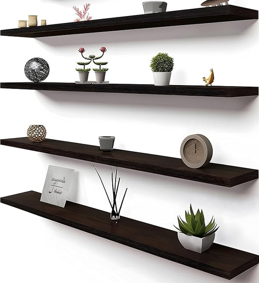48 Inch Brown Wood Floating Shelves for Wall Rustic Wall Shelf for Bedroom Living Room Set of 4