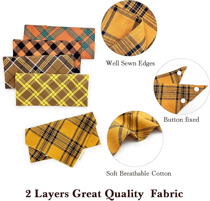 5PCS Dog Bandanas with Button - Thick Triangle Bibs Dual Layer Soft Cotton Scarves for Small Medium Boy Girl Puppy Cat Pet Baby Square Plaid Printing Washable Kerchief Halloween Costumes Outfits