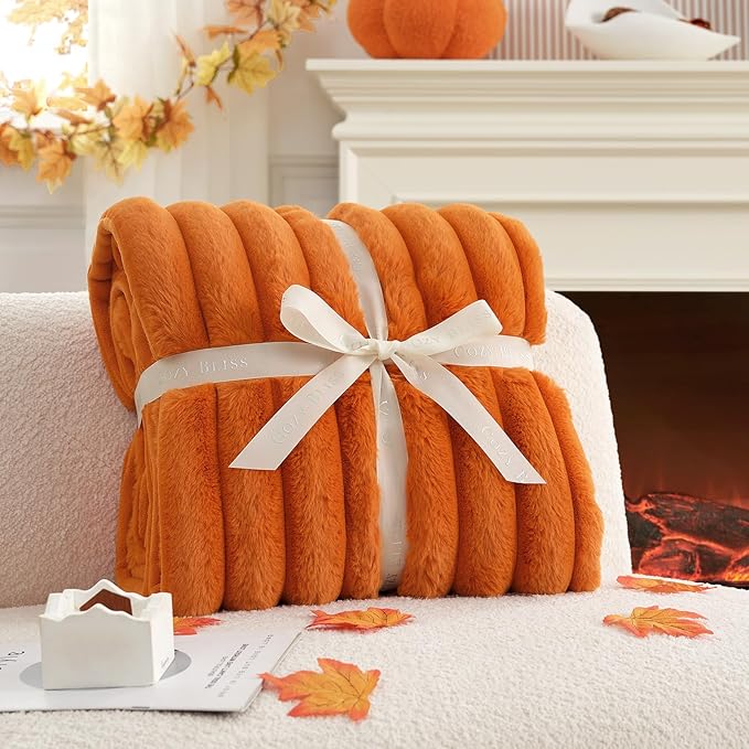 Cozy Bliss Faux Fur Throw Blanket for Couch, Cozy Warm Plush Striped Blanket for Sofa Bedroom Living Room, 60 * 80 Inches Burnt Orange