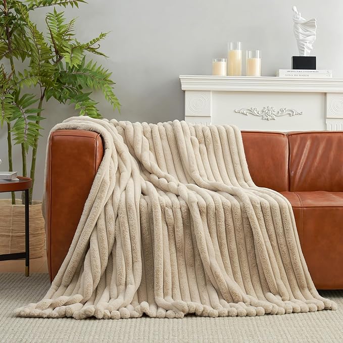 Amélie Home Faux Fur Throw Blanket for Couch, Cozy Fuzzy Fluffy Fur Luxurious Soft Striped Plush Gift Blankets for Family Sofa Chair, 60"x80", Beige