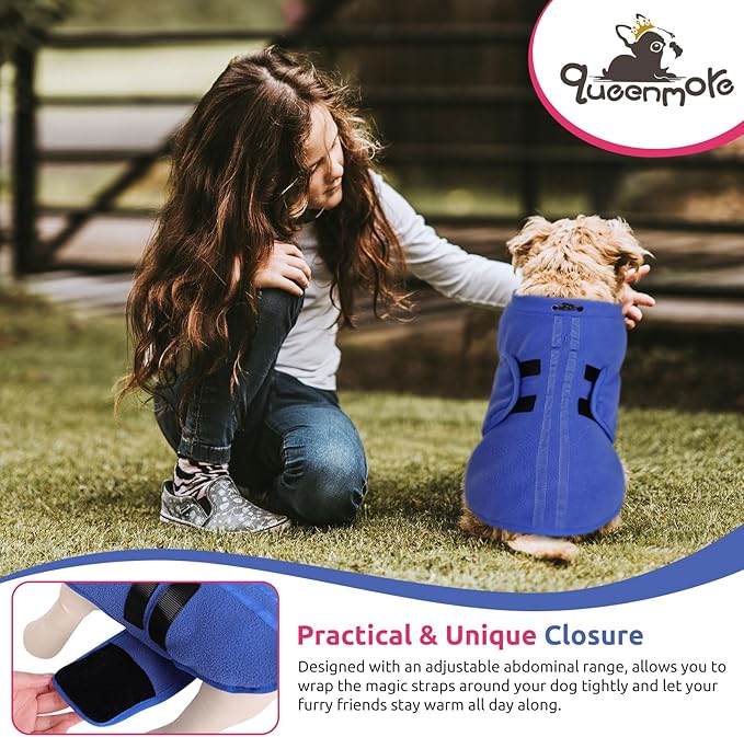 Queenmore Soft Fleece Dog Jacket, Warm Winter Coats with Leash Hole, Dachshund Sweaters for Small Dogs Cats Boy or Girl (Blue, L)