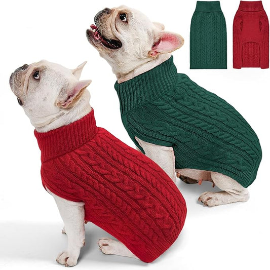 2 Pack Dog Sweaters for Medium Dogs Turtleneck Pullover Cable Knit Stretch Clothes French Bulldog Dachshund Boston Terrier Corgi Beagle Pug Boy Girl Pets Winter Clothes (M, Red & Green)