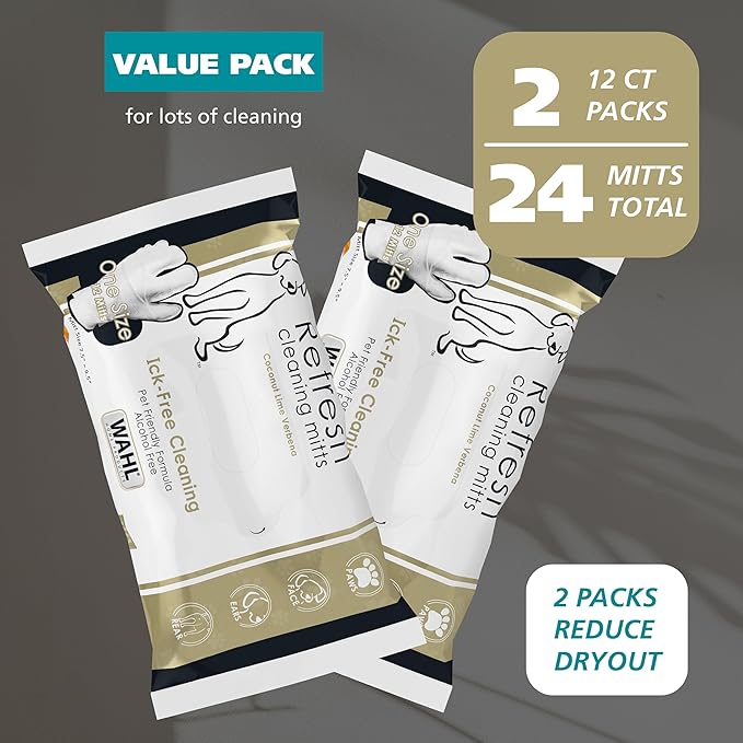 Wahl Refresh Cleaning Mitt Dog Wipes for Ick-Free Cleaning of Dog Paws, Face, Ears and Butt - Coconut Lime Verbena Scent – 24 ct - Model 3027121