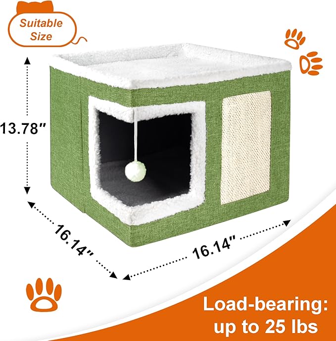 Cat Houses for Indoor Cats - Large Cat Bed Cave with Scratch Pad and Fluffy Ball, Foldable Cat Condo Hideaway with Reversible Cushion for Multi Small Pet, Green