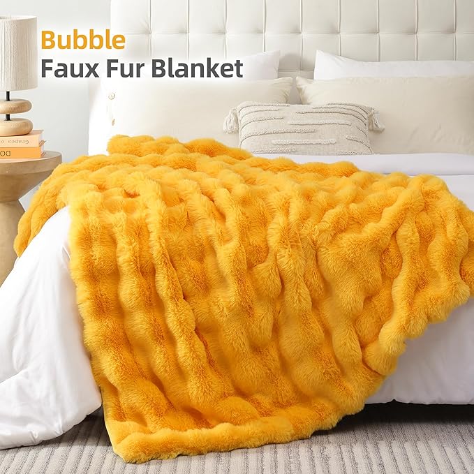 Smoofy Faux Fur Throw Blanket for Couch – Mustard Yellow Fluffy Cozy Rabbit Fleece, Plush Soft Bubble Blanket for Sofa & Bed, for Mom, Warm Fuzzy Home Room Decor Throw 60" x 80"