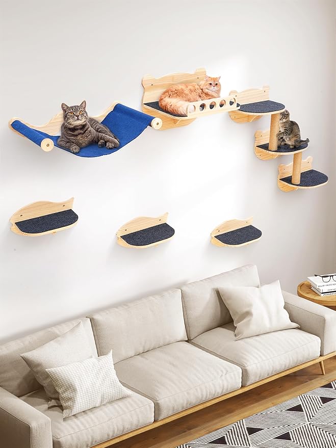 Cat Wall Shelves, 8 in 1 Cat Wall Furniture Set for Large Adult Kittens, Wooden Climbing Wall Shelves with Scratching Post, Hammock, Jumping Platform, Steps