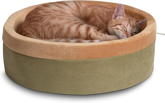 K&H Pet Products Thermo-Kitty Bed Heated Cat Beds for Large Indoor Cats & Dogs, Calming Warming Pillow Pet Bed, Machine Washable, Removable Heater, Safety Listed - Large 20" Round Sage/Tan