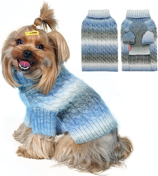 KYEESE Dog Sweater Thick Cable Knit Pet Sweater Gradient Color Small Dog Sweater Fuzzy Warm with Sleeves, Blue, X-Small