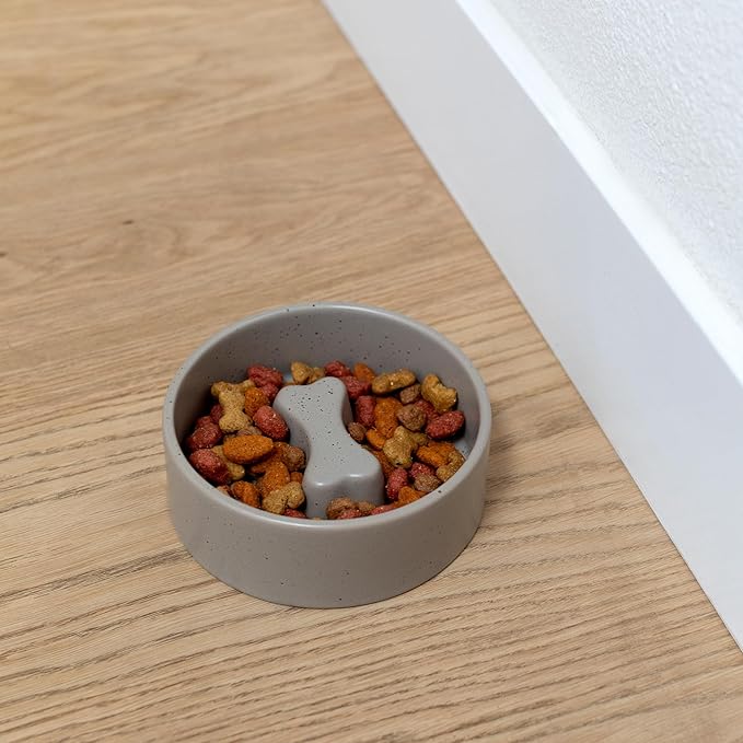 Fringe Studio Speckled Bone Taupe Small Ceramic Slow Feeder Pet Bowl (5" Diameter x 1.75" H, 10 fl.oz.), PetShop Collection (780SM002)