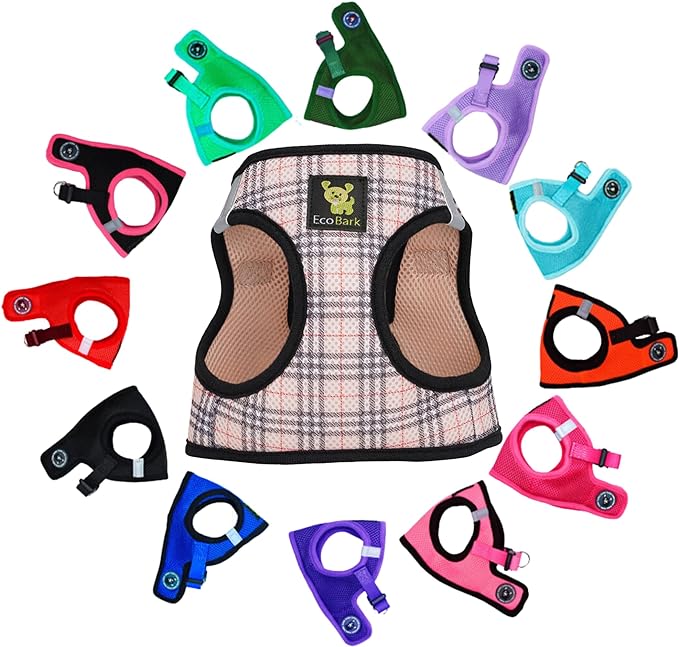 EcoBark Teacup Dog Harness - Luxury Step in Dog Harnesses - Reflective and Adjustable Vest Harness - Soft Mesh Halter Harness Vest for Puppies & Dogs (Beige Plaid)