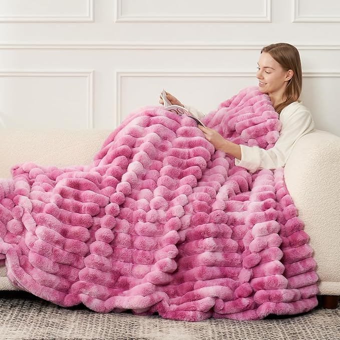 Cozy Bliss Faux Fur Throw Blanket for Couch, Cozy Warm Plush Striped Blanket for Sofa Bedroom Living Room, 50 * 60 Inches Tie-dye Pink