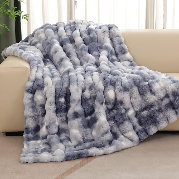 Tie-dye Blue Soft Comfy Throw Blanket for Couch Bedroom Faux Fur 50x60 Fluffy Blanket for Living Room Furry Bed Comforter Cozy Home Decor Gifts 860 GSM