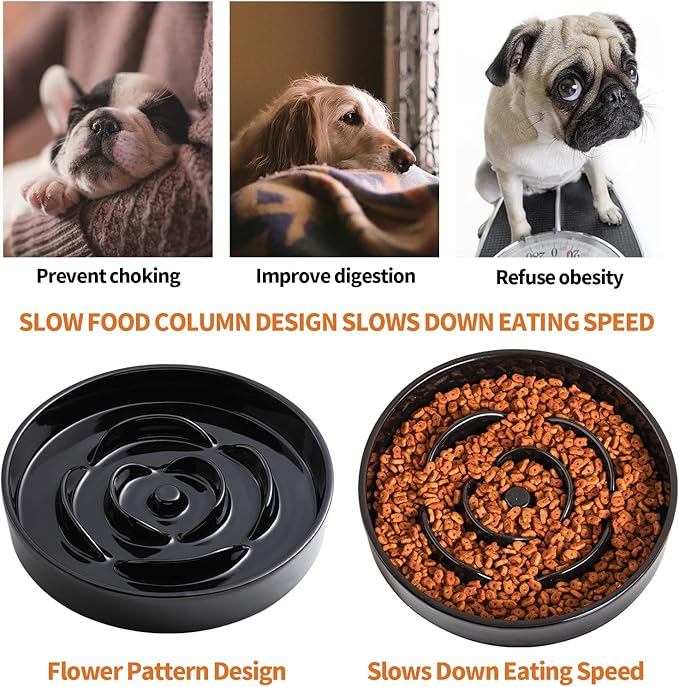 Black Elevated/Raised Dog Bowl Ceramic Slow Feeder with Wood Stand for Small Medium Large Dogs, 8.66 in Dog Dish to Slow Down Eating,Modern Heavy Slow Puppy Bowl for Fast Eaters