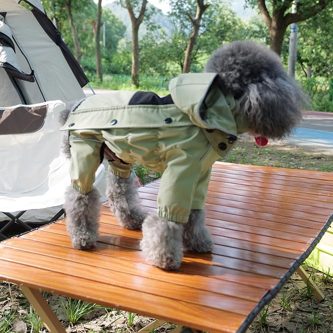 LOVELONGLONG Fleece-Lined Dog Raincoat with Removable Hood – Waterproof Winter Full Body Dog Jacket – Windproof Snowproof Cold-Weather Suit – Green-F M