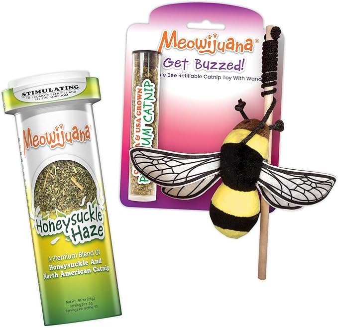 Meowijuana Honey Bee Bundle | Get Buzzed Honey Bee Wand Toy and Honeysuckle Haze Catnip Blend | Promotes Play and Cat Health | Includes North American Organic Catnip