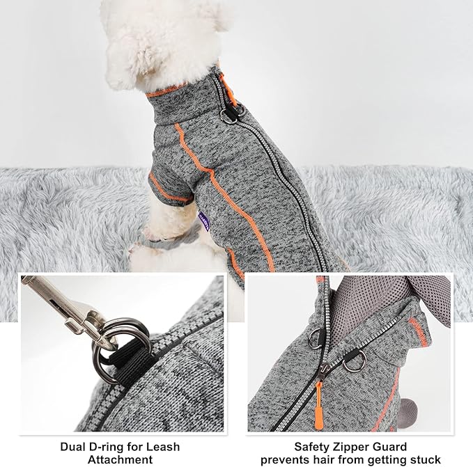 cyeollo Dog Coat Fleece Sweater Jacket Step in Reflective Dog Coats with D Ring Zipper Up Dogs Sweaters for Small Dogs Grey