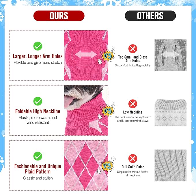 KOOLTAIL Small Dog Sweater, Knit Turtleneck Cold Weather Dog Sweaters for Medium Large Dogs, Soft Diamond Plaid Pullover Knitwear Pet Winter Warm Clothes,Pet Coat Puppy Sweater for Girls Boys,Pink M