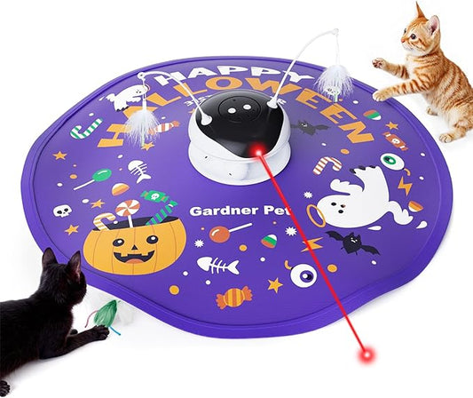 Gardner Pet Halloween Cat Laser Toys, Chargeable 5 in1 Hide and Seek Automatic Interactive Cat Toy, Moving Ambush Feather, Track Balls,Indoor Exercise Kicker 24 inch Cover for All Breeds, Chirping