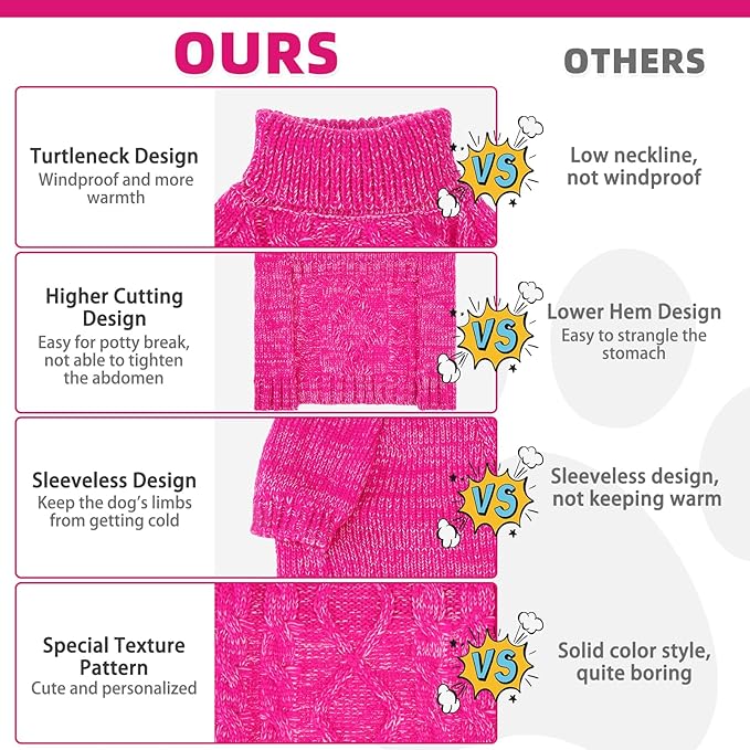 KOOLTAIL Dog Sweater for Large Medium Small Dogs, Fall Dog Sweaters, Turtleneck Cable Knitwear Pet Cold Weather Coats with Leash Hole, Warm Winter Pullover Clothes for Bulldog, Yorkie,Boy Girl,Rose SM