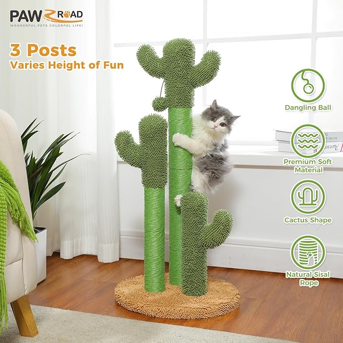 PAWZ Road Cat Scratching Post Cactus Cat Scratcher Featuring with 3 Scratching Poles and Interactive Dangling Ball - 35 Inches