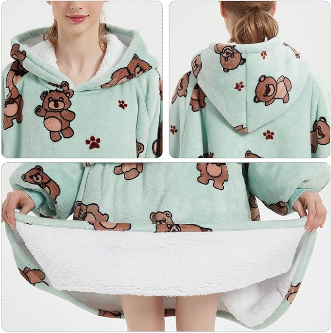 KFUBUO Wearable Blanket Hoodie for Adults Sherpa All Patterns Bear Oversized Sweatshirt Blanket with Pockets Cute Birthday Gifts for Women Green
