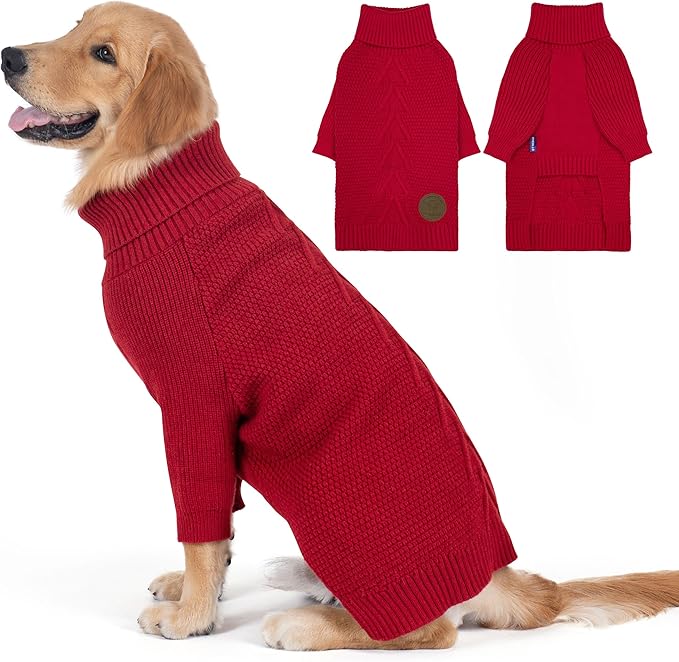 cyeollo 2XL Dog Sweater, Warm Stretchy Sweaters for Large Dogs Girl, Pullover Knitted Thermal Winter Big Dog Clothes with Sleeves, Turtleneck Pet Beagle Border Collie Apparel, Red XXL