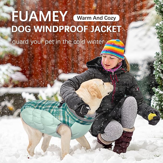 FUAMEY Dog Coat for Large Dogs,Waterproof Dog Winter Jacket with Harness Built in Puppy Cold Weather Coats Reflective Pet Vest with Zipper Warm Fleece Dogs Snowsuit Windproof Green Plaid XXXL