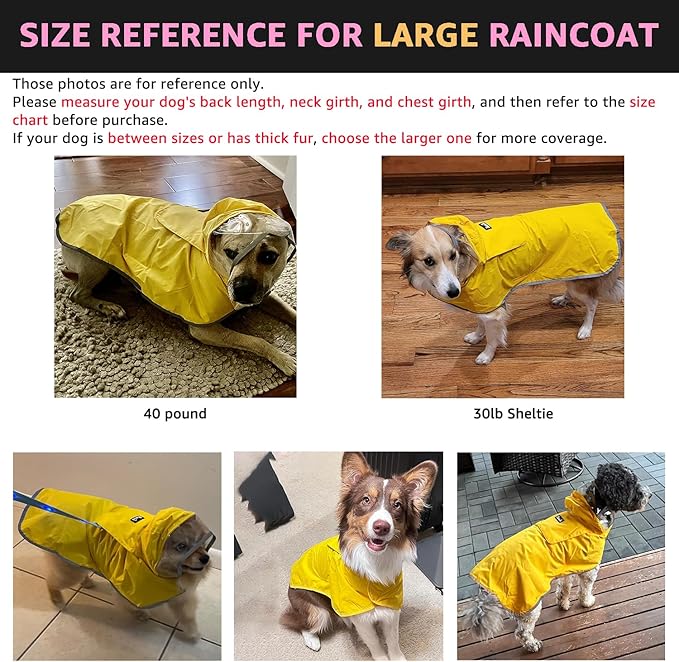 SlowTon Dog Raincoat, Adjustable Dog Rain Jacket Clear Hooded Double Layer, Waterproof Poncho with Reflective Strip Straps and Storage Pocket for Small Medium Large Dogs Puppies(FU L)