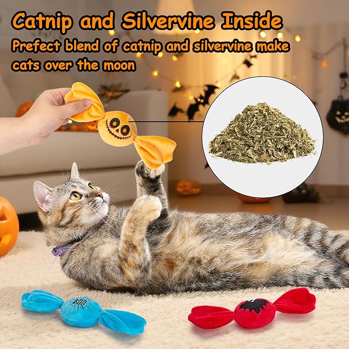 Retro Shaw Halloween Cat Toys,3PCS Candy Catnip Toys with Crinkle Sound Inside,Sweet Treats Cat Toy, Trick or Treat for Halloween Kitten Toys,Interactive Indoor Kitty Kicker for All Breeds