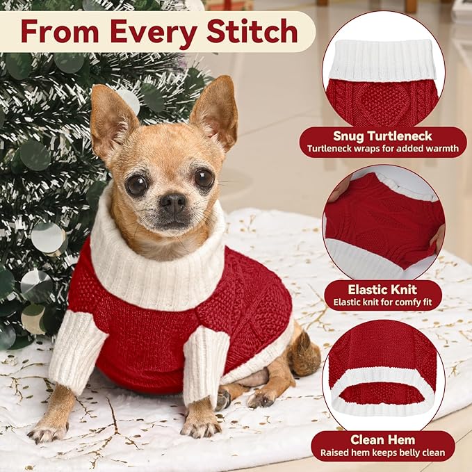 Dog Sweater for Small Dogs Argyle Cable Knit Turtleneck Pullover Winter Clothes Boys Girls Stretch Puppy Doggie Chihuahua Yorkie Pomeranian Toy Poodle Pet (S, Red)