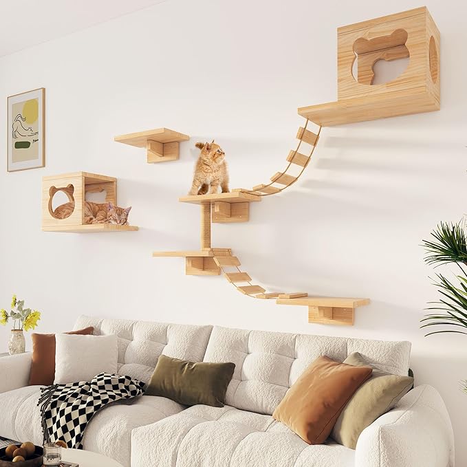 PETKABOO Cat Wall Shleves and Perches, Pine Wooden Cat Wall Furniture Climbing Shelves with Climber, Condo, Scratching Post, Ladder & Platform