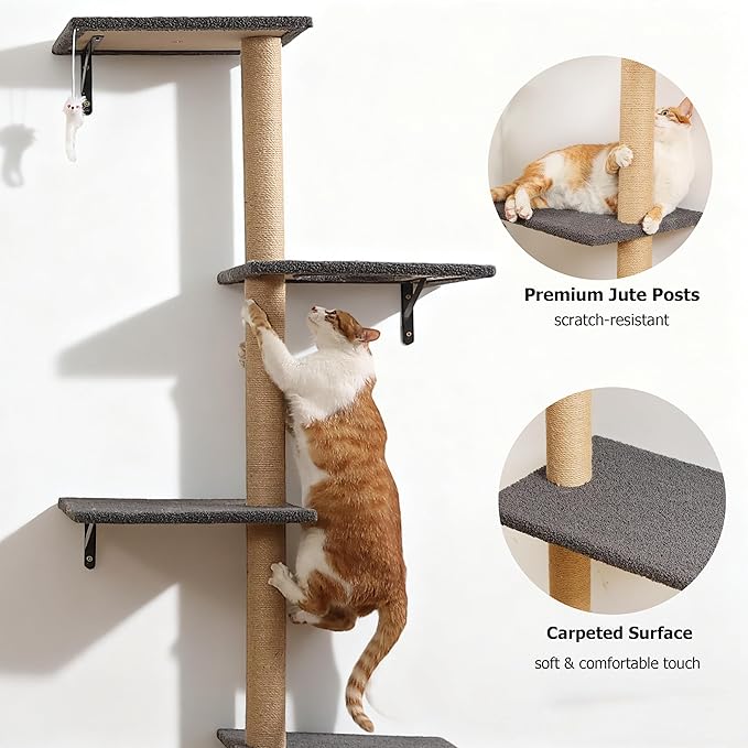 Tall Cat Scratching Posts,4 Tier Corner Cats Tree, Wall Mounted Kitten Tower,Carpeted Climbing Wall for Indoor Kitty Perching,Playing and Lookout (Grey)