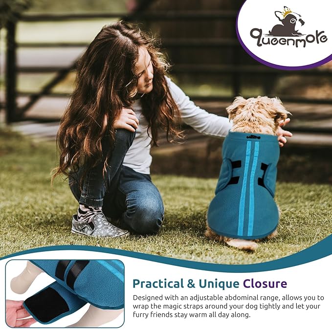 Queenmore Small Dog Sweater, Soft Fleece Vest Pullover Jacket With Leash Hole, Warm Winter Clothes for Cold Weather, Dachshund Sweater for Small Dogs Cats Boy or Girl (Peacock-Blue, XS)