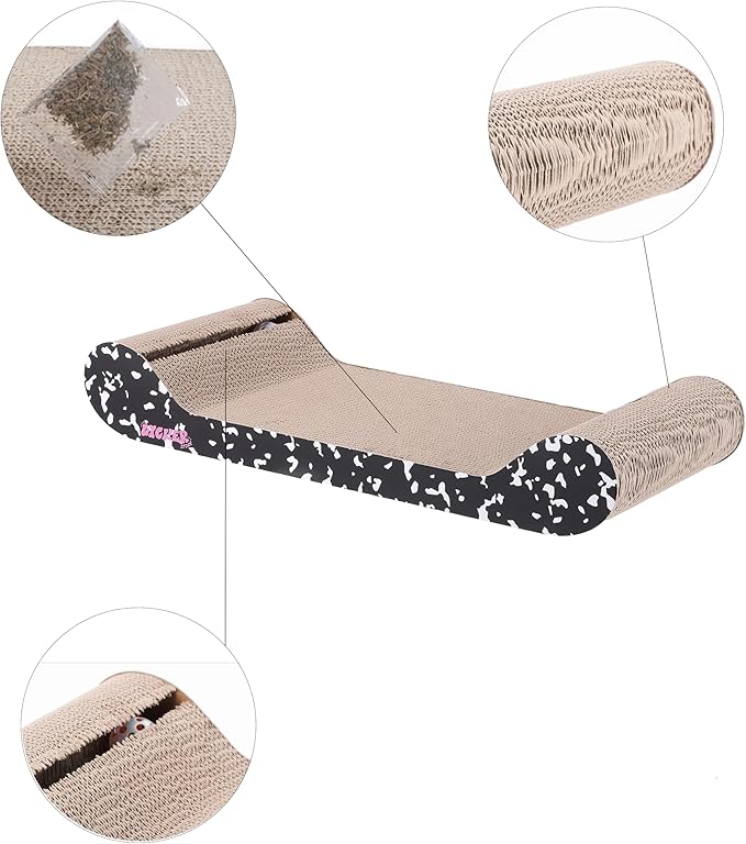 CSR1003B-SET2 Rini 23.75" Modern Cardboard Lounge Bed Cat Scratcher with Built-in Bell Toys and Catnip, Black/White (Set of 2)