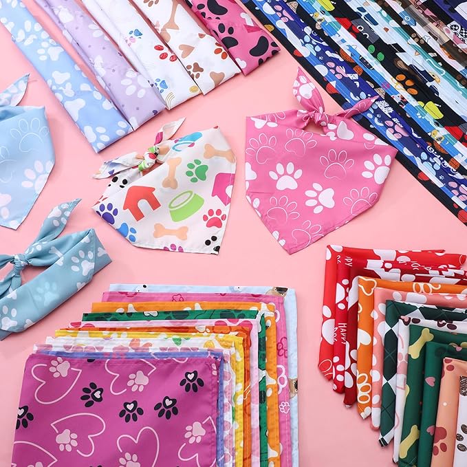 Kacctyen 200 Pcs Dog Bandanas Bulk Dog Paw Printed Pet Scarf Bibs Adjustable Washable Kerchief Daily Holiday Party Pet Costume Accessories Grooming Supplies for Small to Large Cats Dogs