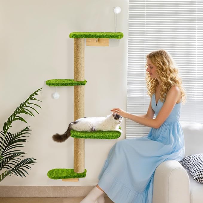 Cat Wall Climber and Floating Shelves, Wall Mounted Cat Tree for Kittens & Cats Up to 30lbs, 4-Tier Adjustable Design with Green Plush Pads